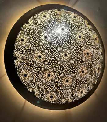 Moroccan Brass Wall Light – Floral Mandala Pattern – front view showing the hand-pierced brass pattern