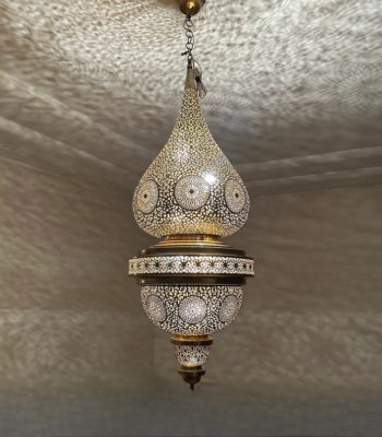 Luxurious handcrafted Moroccan double-tier brass pendant light with intricate perforated patterns and teardrop silhouette